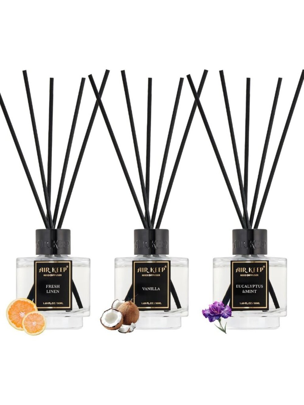 Set of 3 Reed Diffusers for Bathroom | Fresh Linen, Vanilla, Eucalyptus & Mint
